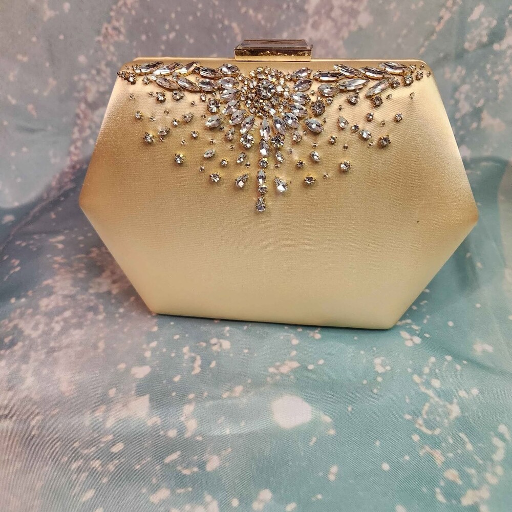 Badgley Mischka Gold Satin Rhinestone Marilyn Monroe Style Evening Clutch Bag